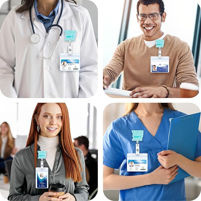We Listen and We Don't Judge Funny Office Badge Reel | Retractable ID Card Badge Holder | Name Work Badge Clip for RN LPN CNA MA ER Night Shift Nurse Nursing Student Doctor Teacher | Coworker Gifts