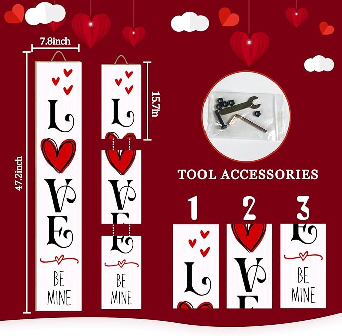 Valentine’s Day Porch Sign 47.2" Wooden “Love Be Mine” Hanging Signs, Romantic Heart Decor for Front Door, Porch, or Indoor Outdoor Valentine Party Decorations
