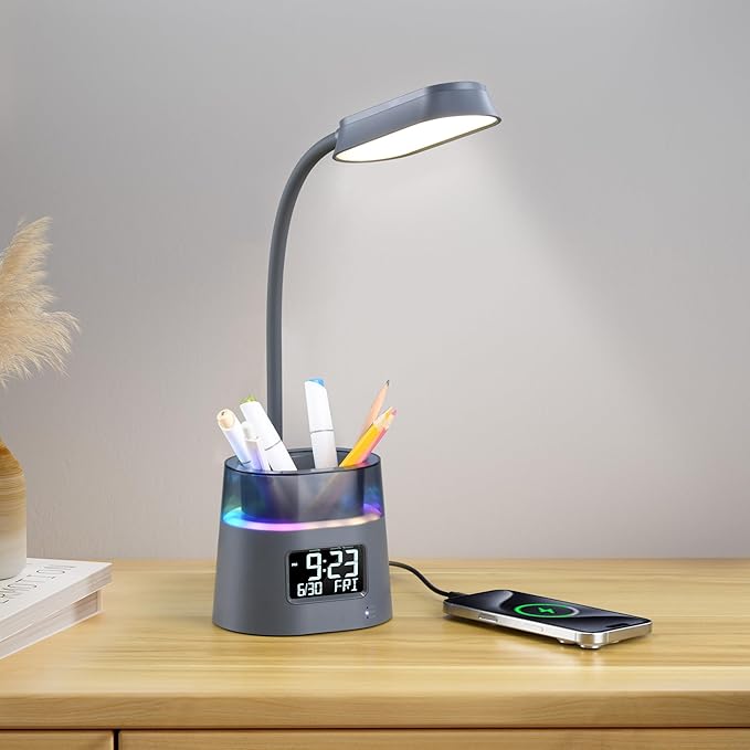Led Desk Lamp for Home Office, Touch Table Lamp with USB Charging Port, 3 Color Modes Stepless Dimmable Reading Light, Gooseneck Lamp for Dorm Room, Bedside Study Light with Clock,Adapter Include