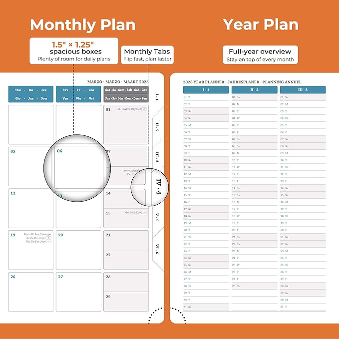IN-LUXPRO Daily Planner 2026 with One Page Per Day,(A5-8.5" x 5.9"),12 Months Calendar Hourly Appointment Book Monthly Tabs & Self-adhesive Pen Holder,Inner Pocket, Vegan Leather Hardback,Orange