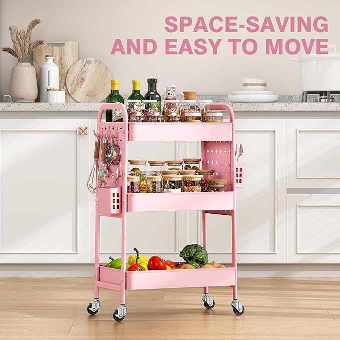 KINGRACK 3 Tier Rolling Cart with DIY Hanging Board, Metal Rolling Utility Cart with Wheels Handles Baskets Hooks, Rolling Storage Cart Suitable for Bathroom, Kitchen, Office, Nursery Diaper (Pink)