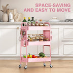 KINGRACK 3 Tier Rolling Cart with DIY Hanging Board, Metal Rolling Utility Cart with Wheels Handles Baskets Hooks, Rolling Storage Cart Suitable for Bathroom, Kitchen, Office, Nursery Diaper (Pink)