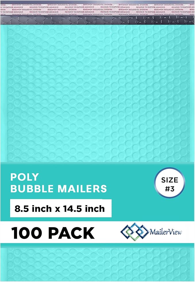 Teal Poly Bubble Mailers 8.5x14.5 inch #3 | Self Seal Padded Envelopes | Cushioned Bubble Mailer | Usable Size 8.5x13.5 | WaterProof | Lightweight mailing Shipping Bags | 100 Pack Bulk