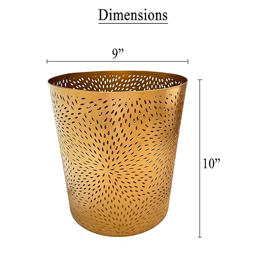 TUP THE URBAN PORT 10" Decorative Iron Wastebasket Trash Can | Matte Gold | Leaf Etched Design