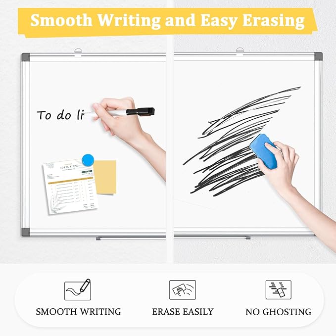 AMUSIGHT Double-Sided Magnetic Whiteboard, 36" x 24" Dry Erase Board, Aluminum Frame White Board for Wall, Hanging Mounting White Board Dry Erase Marker Board with 4 Markers, 1 Pen Tray