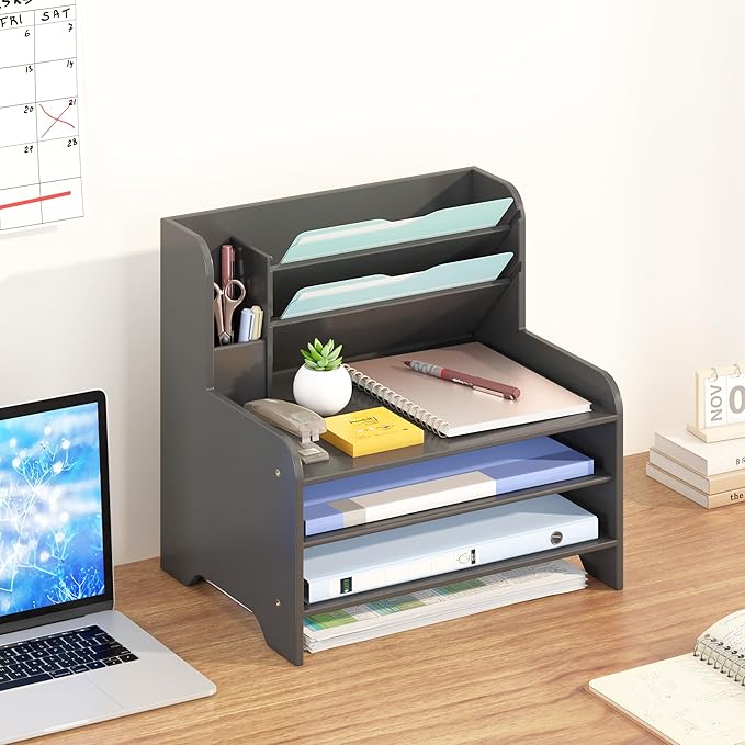 Wisuce Essentials Bamboo Desk Organizer Mail Holder Countertop Letter Tray File Desktop Mail Holder Countertop Organizer for Desktop Letter Sorter Paper File Storage for School Home Office Supplies