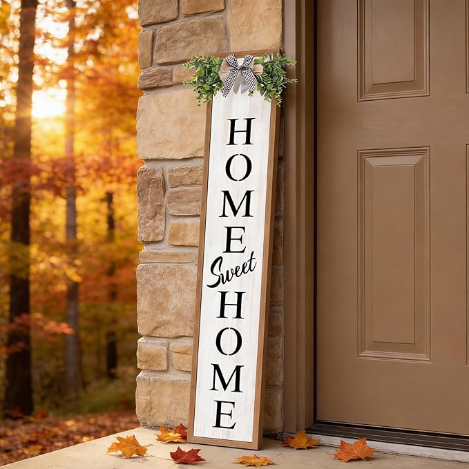 Double-sided Welcome Wooden Sign Stand with Magnetic-adhesive Wreath for Front Door, 47" Vertical Farmhouse Home Sweet Home Porch Sign for Outdoor Patio Garden, 2in1 Large Tall Porch Leaner Decor