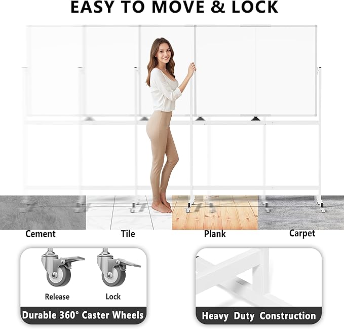 Neatsure Large Rolling Whiteboard on Wheels, 48" x 36" Double-Sided Mobile White Board with Stand, 4' x 3' Portable Standing Magnetic Dry Erase Board Easel for Home Office Classroom School, Silver