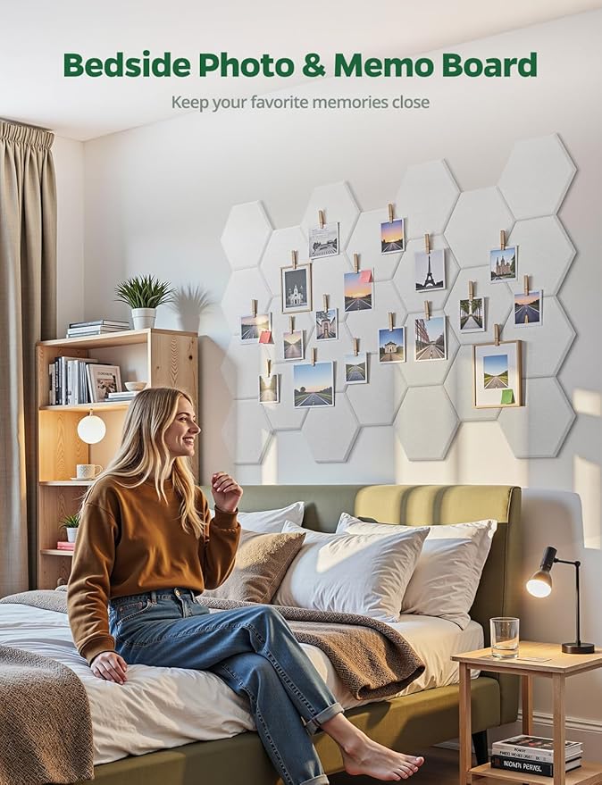 Large Bulletin Board 12" x 10", 12 Pack White Cork Boards for Walls, Self-Adhesive Hexagon Felt Pushpins Wall Tiles, Display for Messages, DIY Notice, Photo Decorations, Classroom, Office, Bedroom