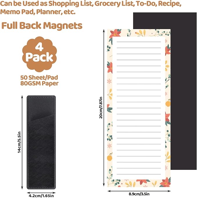 Thboxes 4 Pack Magnetic Note Pad for Fridge with Pen Holder, Totally 200 Sheets Magnetic To Do List, Shopping List, Grocery List, Memo Pads for Refrigerator（Floral Design）