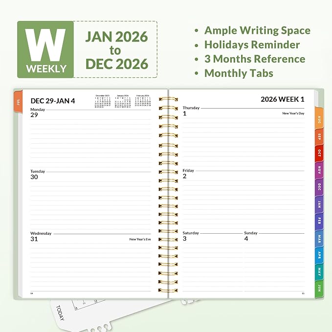SUNEE 2026 Weekly and Monthly Planner - from January 2026 - December 2026, Daily Agenda Planner with Monthly Tab, Flexible Cover, Note Pages, Pockets, Bookmark, Spiral Binding, Sage Green, 6.4" x 8.3"