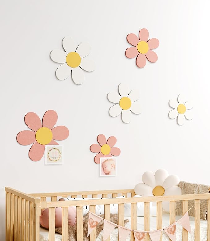 Fluxynara 6 PCS Daisy Felt Flower Wall Decor, Daisy Bulletin Board for Nursery & Girl Room, 3-Size Acoustic Felt Wall Art for Bedroom, Baby’s Room, Kids’ Spaces, Pink/White
