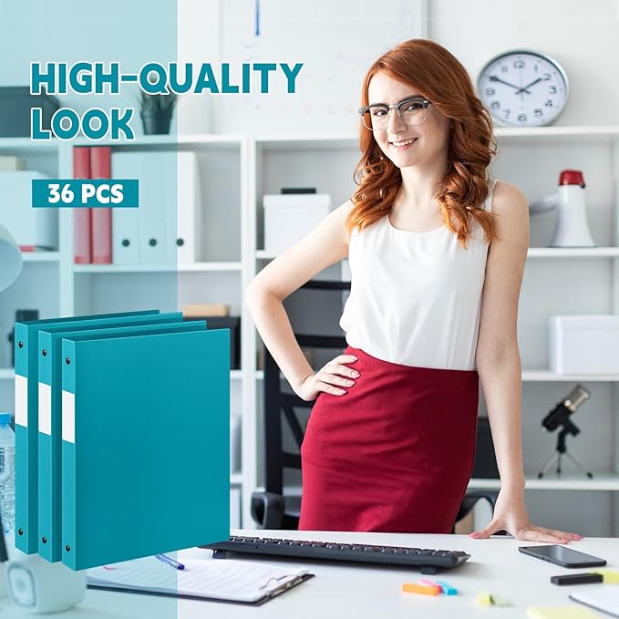 Henoyso 36 Pcs 3 Ring Binder 0.5 Inch Round Fits Letter Size 8.5'' x 11'' Paper Plastic Flexible Binder Bulk Holds 140 Sheets with 1 Pockets Versatile Organizer for Home Office School (Turquoise)