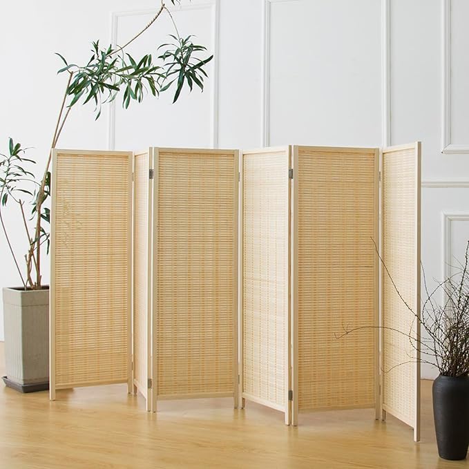 Furnnylane 6 Panel Short Room Divider Screen,Beige Freestanding Partition,Small Bamboo Panel Divider for Room Seperation,3.95 FT Tall