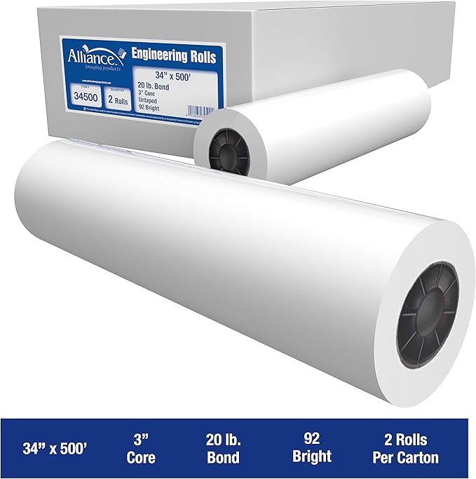 Alliance Wide Format Paper Rolls Bond Engineering (20lb | 2 Rolls, 34 In x 500 Ft | 3" Core)