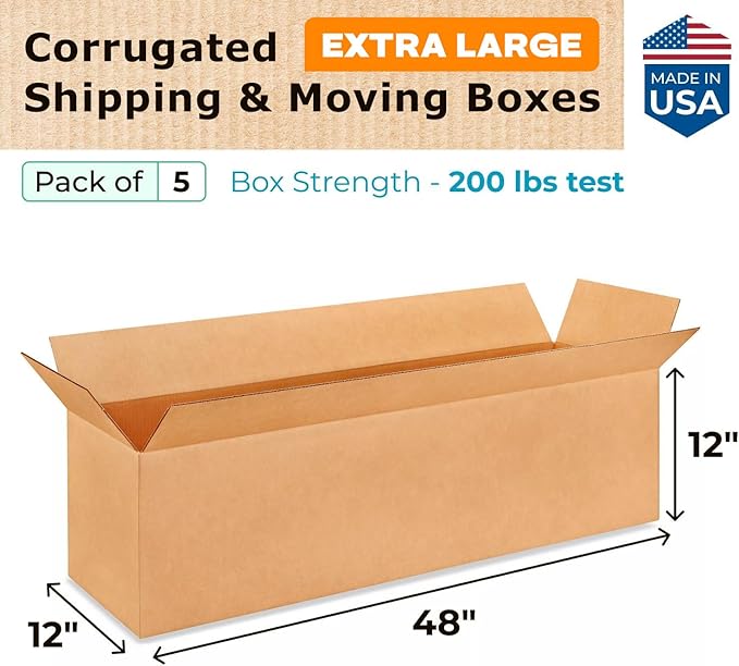 Extra Large Shipping & Moving Boxes 48 x 12 x 12"(5-Pack) - Extra Strength 200 lb vs Regular - Corrugated Packing Boxes for Moving - Large Moving Box for USPS - Shipping Box by IDL Packaging