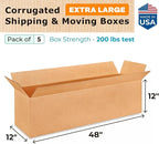 Extra Large Shipping & Moving Boxes 48 x 12 x 12"(5-Pack) - Extra Strength 200 lb vs Regular - Corrugated Packing Boxes for Moving - Large Moving Box for USPS - Shipping Box by IDL Packaging