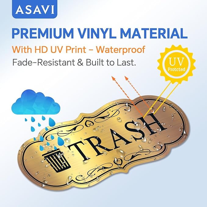 ASAVI Trash & Recycle Stickers – 2-Pack Self-Adhesive Vinyl Labels, Waterproof & Durable (Brushed Gold Black, Medium 6.3 x 2.7 inches)
