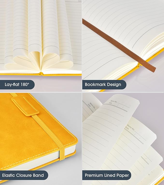 Biuwory Lined Journal Notebook for Women Men,256 Pages A5 Hardcover Leather Journals for Writing,Travel,Business,Work & School,College Ruled Notebooks for Note Taking,Diary Notepad 5.7"×8.3" yellow
