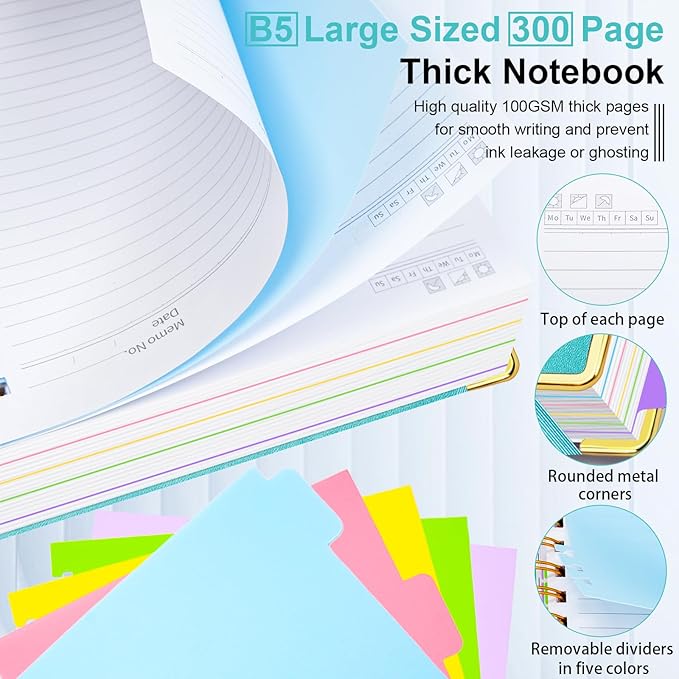 Hardcover Spiral Notebook 8"x10" Journal Notebook with Tabs and Removable Dividers 300 Pages 5 Subject Notebook College Ruled, Faux Leather Spiral Bound Notebook for Women School Work (Blue)