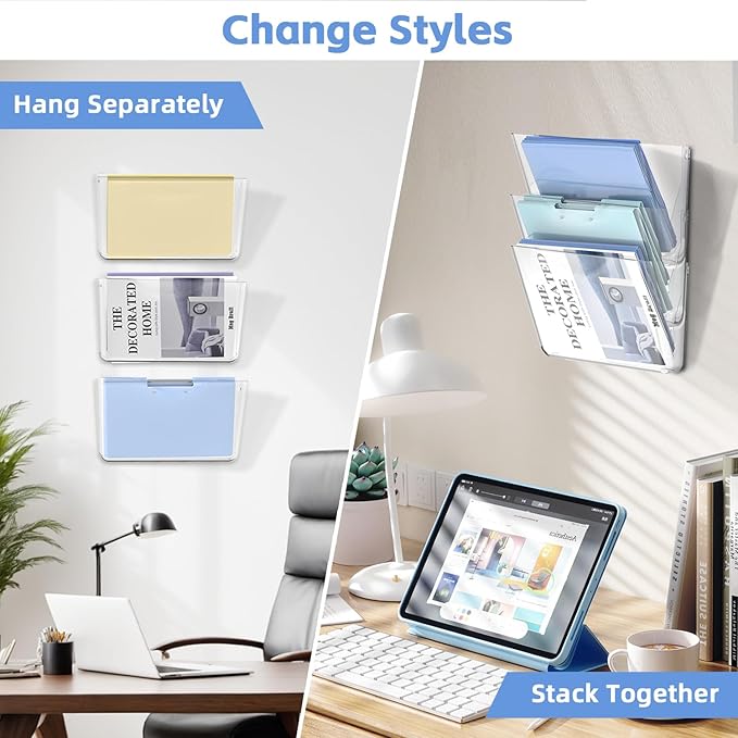 SUPEASY Clear Acrylic Single Pocket, Large Plastic Hanging Wall Mount File Holder Wall File Organizer for Mails, Document, Magazine, Letter Size for Office Home, 6 Pack