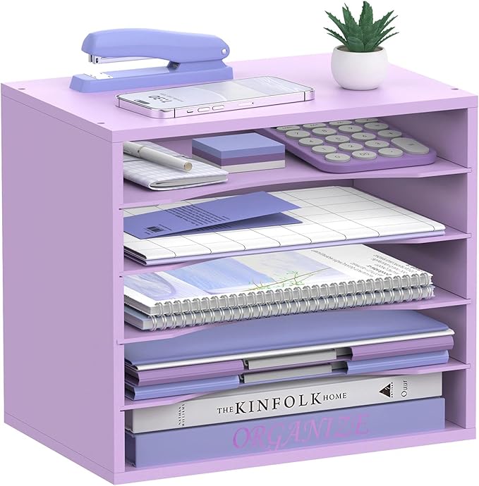 SHARKWOODS 5-Tier Wood Desk Organizer, Paper Tray Organizer for Desk with Adjustable Storage Shelves, Desktop File Organization Paper Sorter Mail Holder for Office Home Classroom, Purple