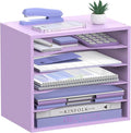 SHARKWOODS 5-Tier Wood Desk Organizer, Paper Tray Organizer for Desk with Adjustable Storage Shelves, Desktop File Organization Paper Sorter Mail Holder for Office Home Classroom, Purple