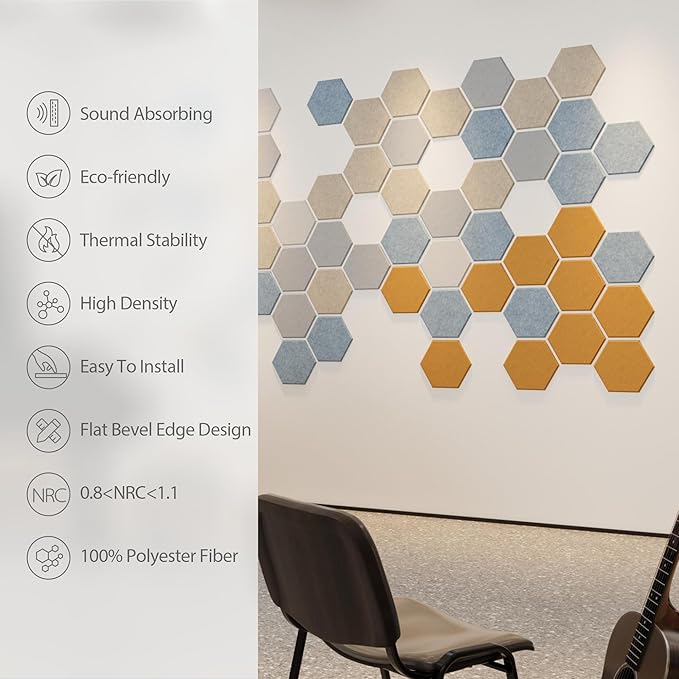 Amantech 12 Pack Acoustic Panels Self Adhesive Sound Proof Foam, High Density Sound Acoustic Foam Panel, 12X10.23X0.4 Inch Hexagon Wall Panels in Home, Office, Reccording Room, Studio(Orange)