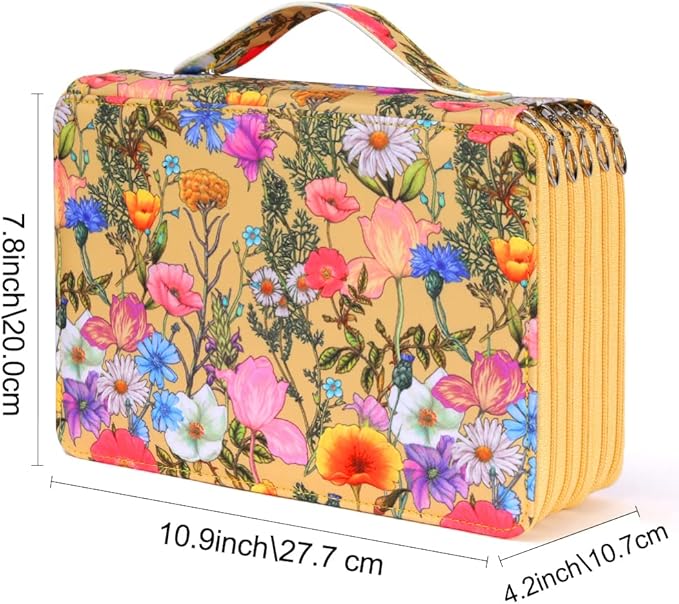 Vomgomfom Colored Pencil Case - Large Capacity 252 Slot Pencil Organizer with Zipper Closure, Twill Fabric Case for Watercolor Pens, Markers (Yellow Flower)