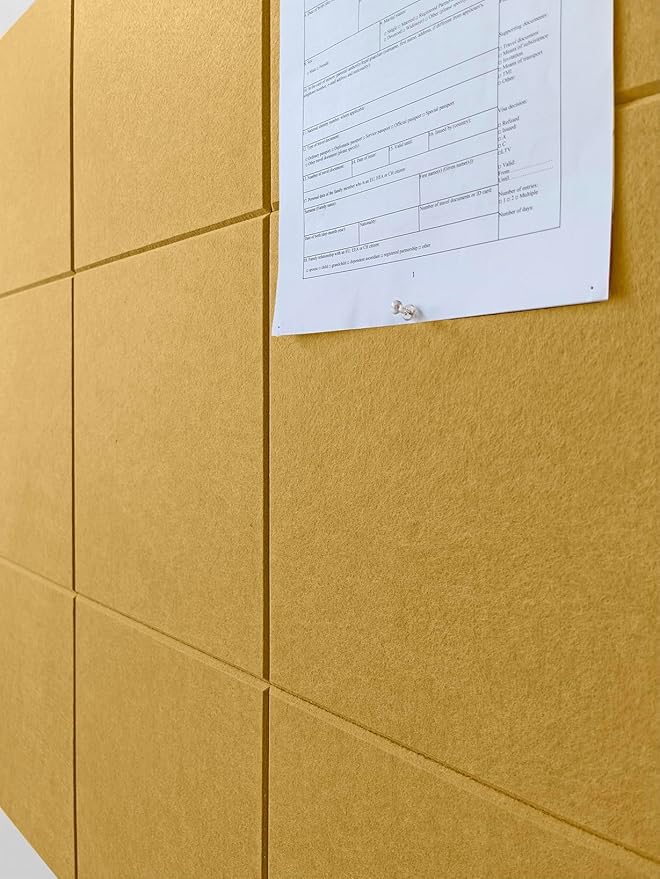 DECORITA Felt Wall Tiles | Large Cork Board Alternative | Aesthetic Felt Bulletin Board for Office, Home & Classroom | Large Cork Boards for Walls Pinboard (12-Pack) | Mustard