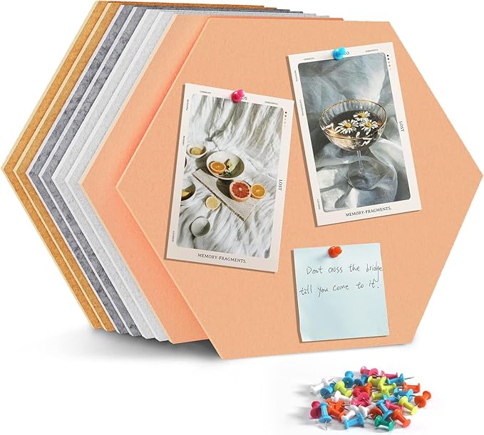 Uoisaiko 12" Large Bulletin Board with 30 Push Pins, Pack of 8 Hexagon Felt Pin Board Notice Boards for Home Office Kitchen, Felt Wall Tiles for Photos Memos (White Yellow)