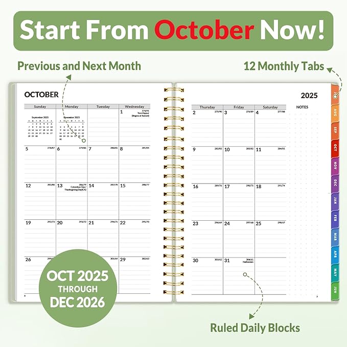 SUNEE 2026 Weekly and Monthly Planner - from January 2026 - December 2026, Daily Agenda Planner with Monthly Tab, Flexible Cover, Note Pages, Pockets, Bookmark, Spiral Binding, Sage Green, 6.4" x 8.3"