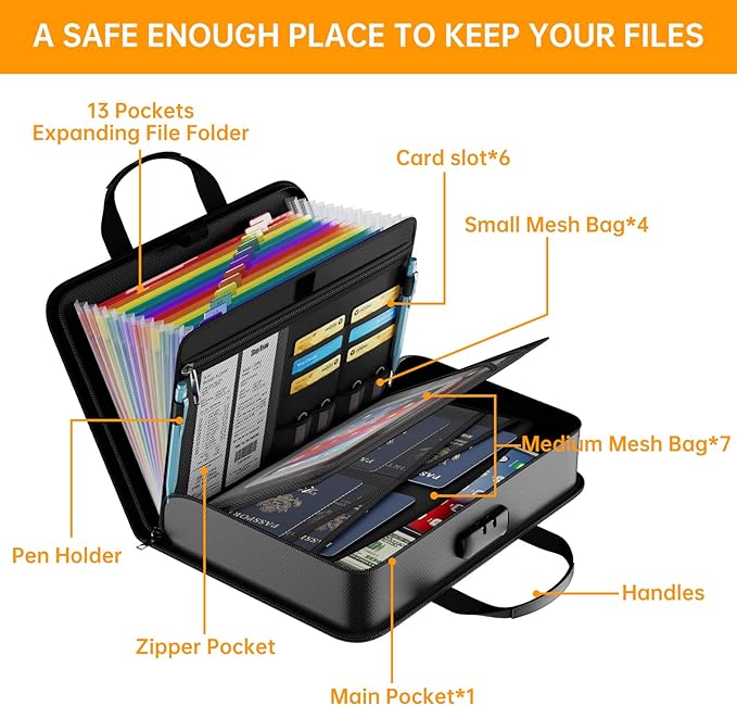 DocSafe Accordion File Organizer Bag with Lock, Fireproof Water Resistant Expanding File Folder with Multi Colorful Pockets,Document Organizer Safe Storage for Important Documents and More, Black