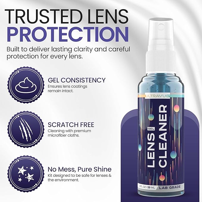 ULTRAVUE Eyeglass Gel Lens Cleaner Spray Kit - 3 x 2oz Gel Eyeglasses Cleaner Spray Bottle + 2 Microfiber Cloth for Cleaning - Safe for All Lenses (AR Coated Included), Eyeglasses and Screens