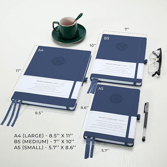 Smart Planner Pro – Undated Daily Planner – Medium B5 – Achieve Goals & Increase Productivity with Weekly, Monthly, Work Sections - Organizer Planner with Back Pocket, 3 Satin Bookmarks & Pen Holder