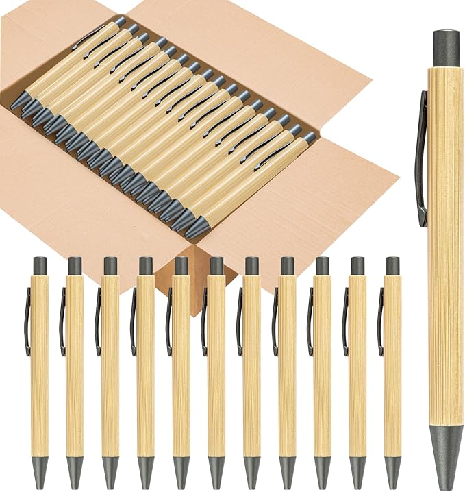 lyforx 200 Pack Bamboo Pens Bulk Wooden Bamboo Pens Engraving Wooden Ballpoint Pen Customizable Gift Pen Bulk Black