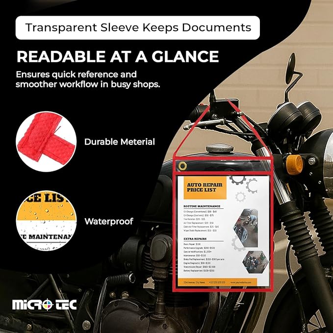 MICRO TEC Repair Order/Work Ticket Holders – Heavy-Duty Vinyl Sleeves with Red Handle – 11" x 13" for Automotive Repair Orders, Job Tickets, Documents – Pack of 125 – Clear w/Red Handle