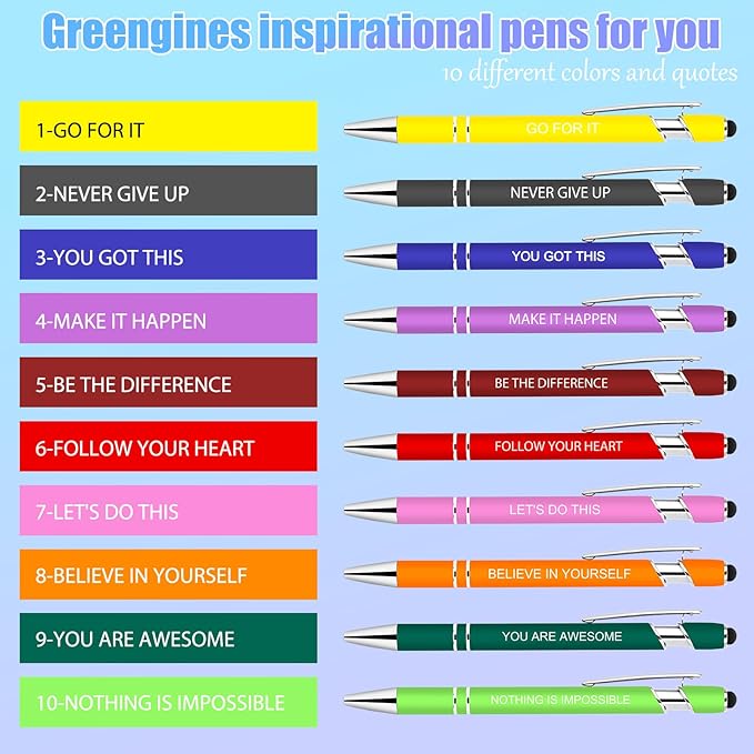 Greengines 20 Pieces Inspirational Pens, Motivational Ballpoint Pen with Stylus Tip Funny Ink Pens Bulk Inspirational Gifts for Women Coworkers Office Supplies Black Ink