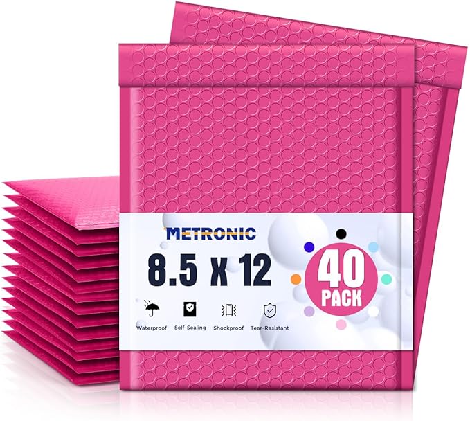 Metronic Bubble Mailers 8.5 x 12 Inch 40 Pack Pink Bubble Mailers Waterproof Padded Envelopes for Packaging, Shipping, Small Business Bulk