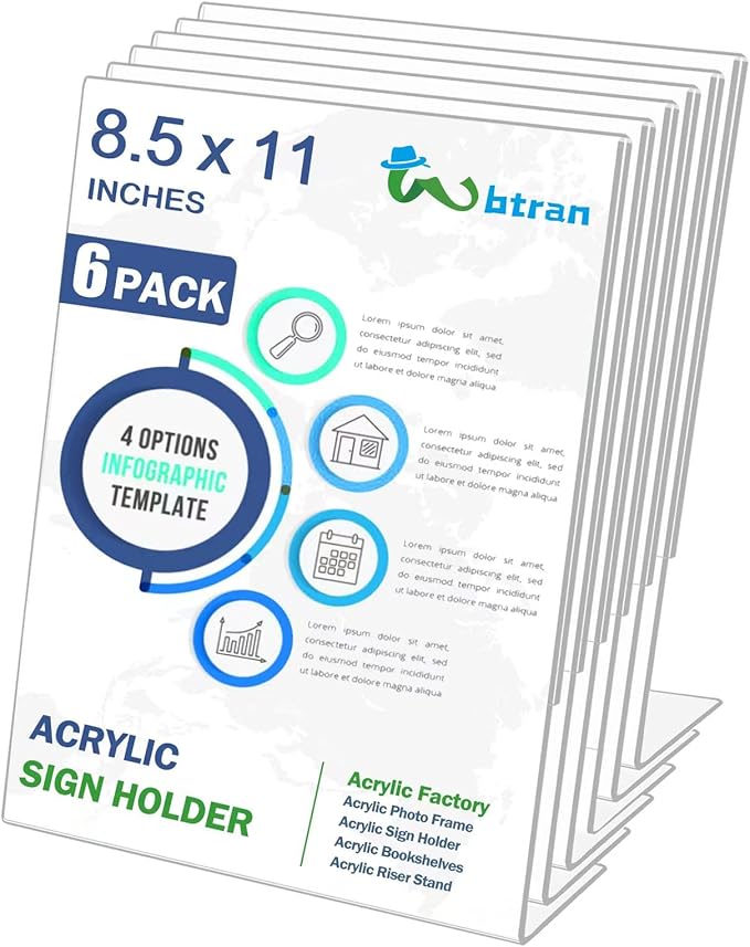 Wbtran Acrylic Sign Holder 8.5 x 11, 6 Pack Slanted Back Sign Holders for Display, Clear Tabletop Plastic Paper Sign Holder for Office, Home, Restaurant