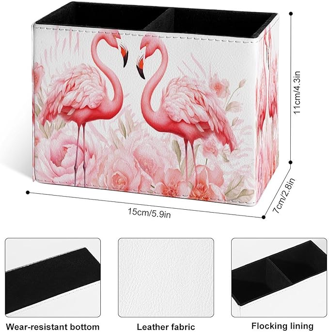 Famame Pink Flamingos Flowers Pencil Holder for Desk, Leather Desktop Container Pen Cup Storage Study Table Pen Organizer Makeup Brush Holder for Classroom Office Home