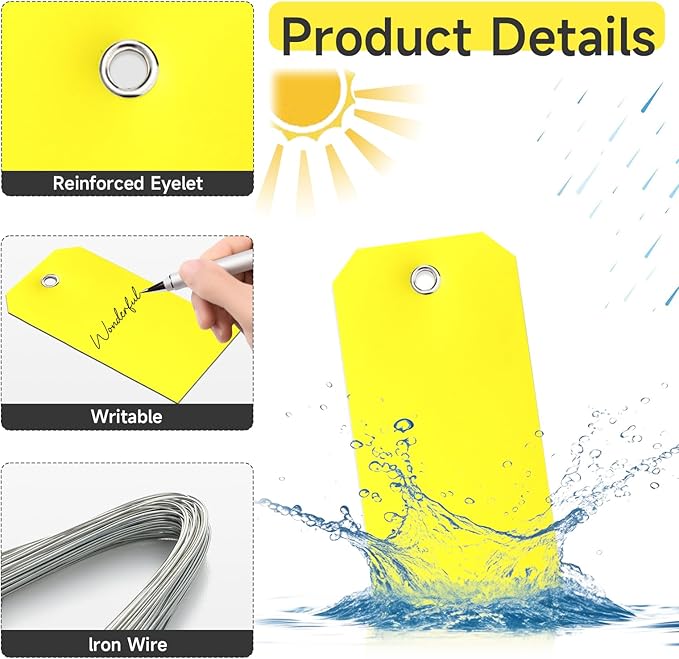 XUWAIDSGN 100Pcs Yellow Plastic Shipping Tags, 4 3/4" x 2 3/8", Writable, Durable, Waterproof