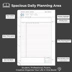 IN-luxpro Daily Planner 2026 with One Page Per Day,(A5-8.5" x 5.9"),12 Months Calendar Hourly Appointment Book Monthly Tabs & Self-adhesive Pen Holder,Inner Pocket, Vegan Leather Hardback,Black