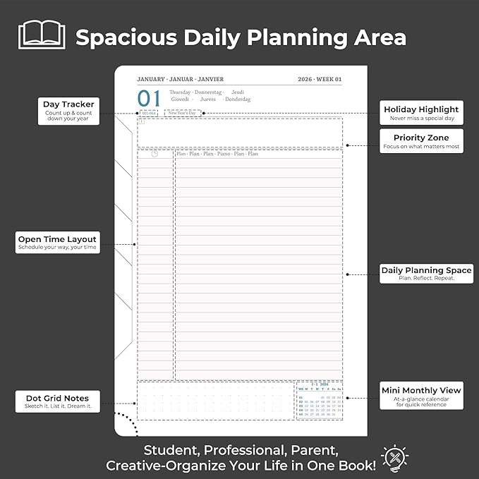 IN-luxpro Daily Planner 2026 with One Page Per Day,(A5-8.5" x 5.9"),12 Months Calendar Hourly Appointment Book Monthly Tabs & Self-adhesive Pen Holder,Inner Pocket, Vegan Leather Hardback,Black