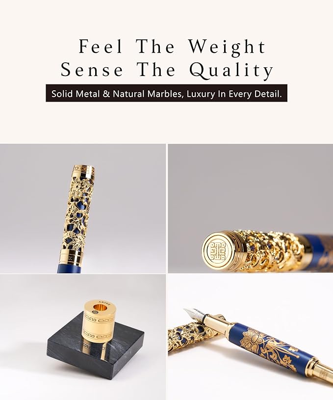 ARTEX Luxury Fountain Pen Set With Stand - Museum Art Collections - Crafting Timeless Beauty - the Best Gift & Office Desk Decor, German SCHMIDT Fine Nib, Solid Metal & Marble Texture
