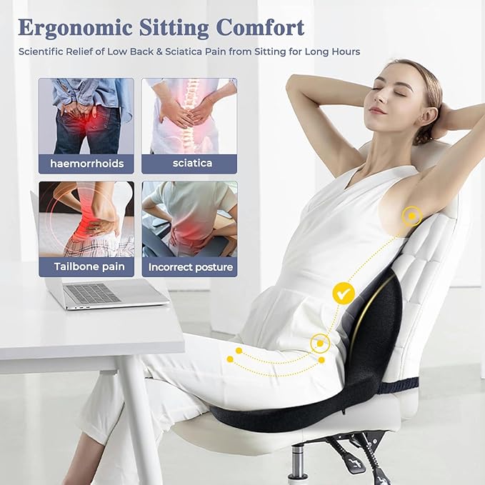 Mosxoed Ergonomic Seat Cushion with Adjustable Strap, Memory Foam Office Chair Seat Cushion with L-Shaped Design, Car Seat Cushion Fits for Truck Driver Semi Truck, Gaming Chair, Desk, Dark Gray