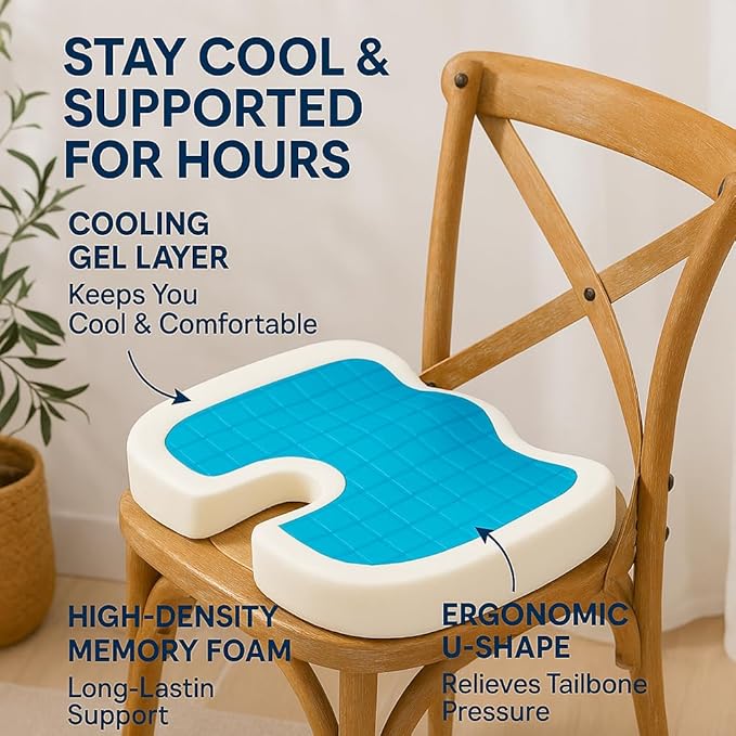 Ergonomic Gel Insert Memory Foam Seat Cushion | Cooling Gel Pad | Sciatica | Back Pain Relief | Office Chair Cushion |Stadium Seat, Airplane Seat Cushion, Chair Pads | Lumbar Support Pillow |Hip Pads