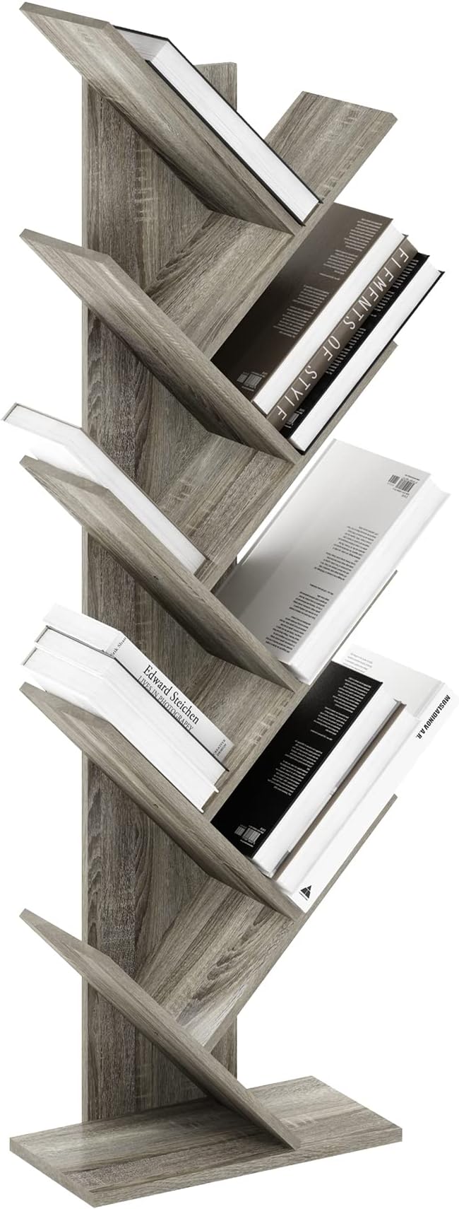 Furinno TREE Book Shelf, 9-Tier Bookshelf, Tree Bookcase with Angled Open Shelf, 8.4" x 15.7" x 50.9", for Room Decor, for Living Room, Bedroom, Home Office, French Oak