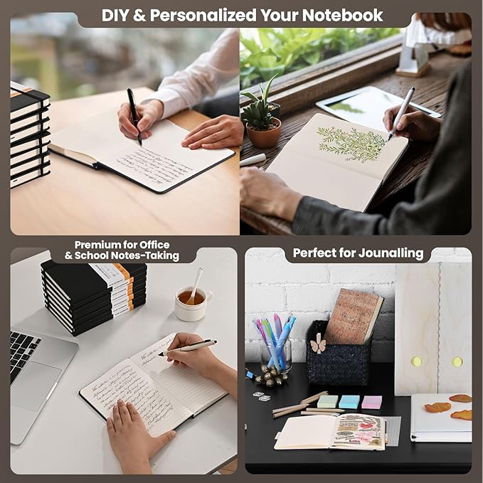 Lined Notebook Journals for Writing 5.5 x 8.2 inches, 160 Pages A5 Size with Expandable Pocket, Hardcover Notebooks for Work, 100GSM Paper (Classic Black 8 Packs)