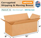 Medium Moving & Shipping Boxes 12 x 6 x 4 inches (5-Pack) - Extra Strength 200 lb vs Regular - Corrugated Boxes for Packaging, Made in USA - Shipping Box - Cardboard Shipping Box by IDL Packaging